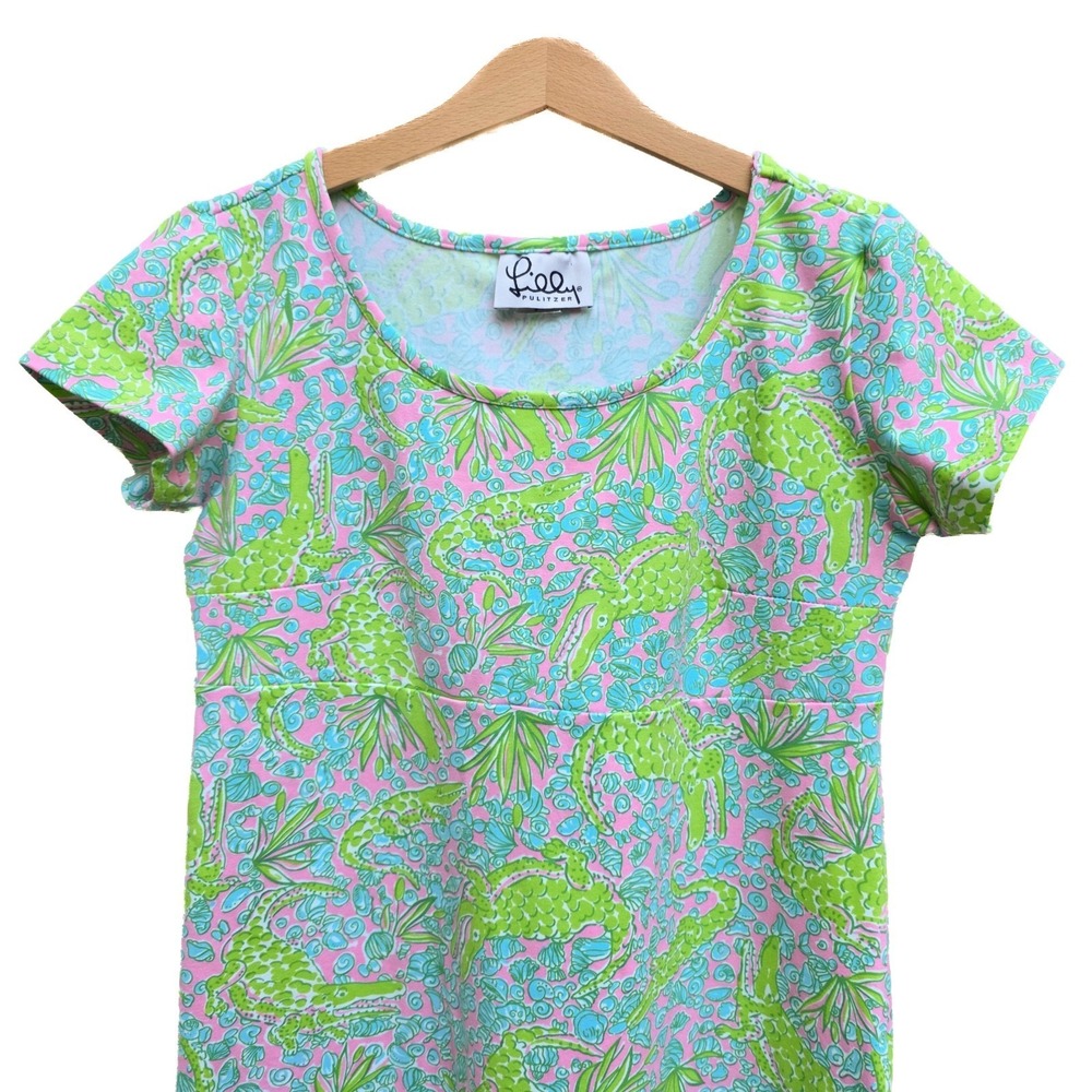 VTG Y2K See Ya Later Alligator Pattern Lilly Pulitzer Shift Dress S Stretch USA